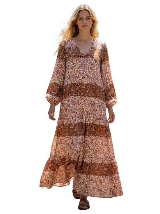 Southern Cotton Dresses & Skirts - Southern Cotton Floral Boho Maxi Dress Medium Pink Brown Tiered Prairie Cottagec